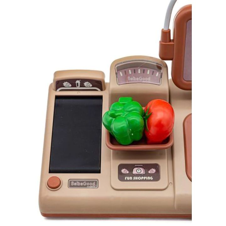 Kasa Sklepowa Beżowa dla Dzieci Wielofunkcyjna – Czytnik kodów, prawdziwa waga, zbliżeniowość | Nowoczesne zakupy z technologią