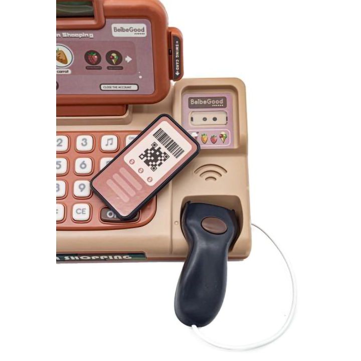Kasa Sklepowa Beżowa dla Dzieci Wielofunkcyjna – Czytnik kodów, prawdziwa waga, zbliżeniowość | Nowoczesne zakupy z technologią