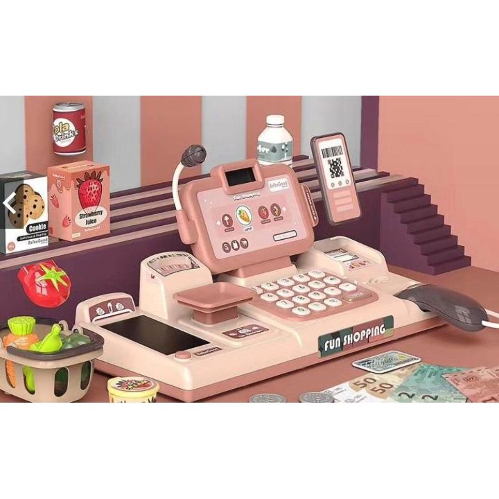 Kasa Sklepowa Beżowa dla Dzieci Wielofunkcyjna – Czytnik kodów, prawdziwa waga, zbliżeniowość | Nowoczesne zakupy z technologią