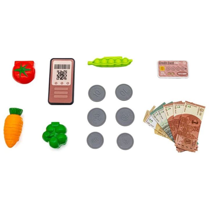 Kasa Sklepowa Beżowa dla Dzieci Wielofunkcyjna – Czytnik kodów, prawdziwa waga, zbliżeniowość | Nowoczesne zakupy z technologią