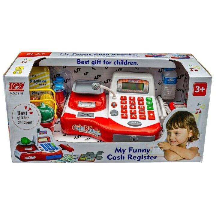 Kasa Sklepowa Biało-Czerwona dla dzieci Uniwersalna – Mikrofon, czytnik kodów, prawdziwa waga | Nauka zakupów przez zabawę