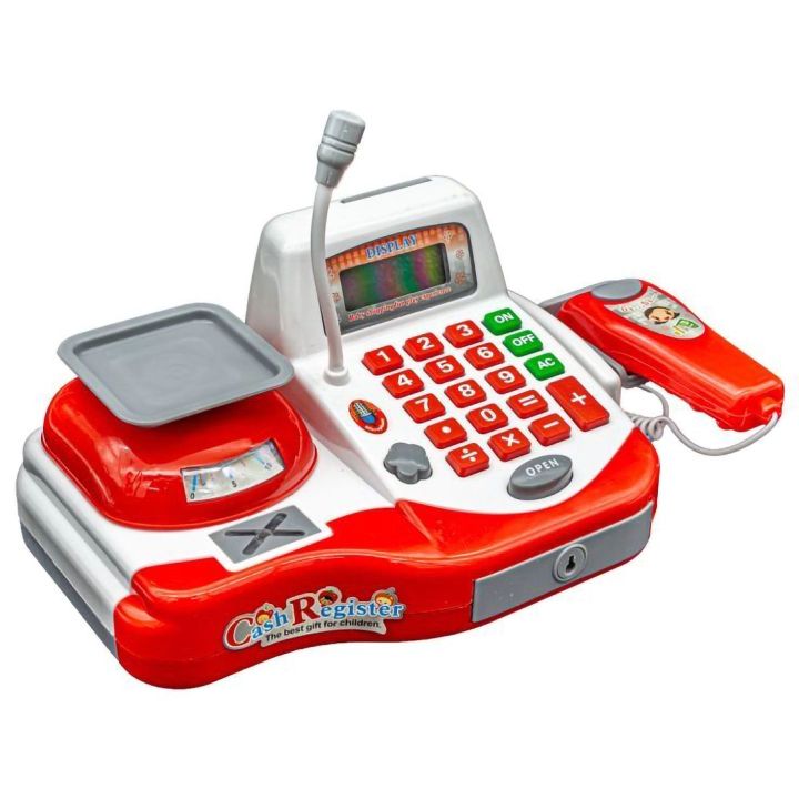 Kasa Sklepowa Biało-Czerwona dla dzieci Uniwersalna – Mikrofon, czytnik kodów, prawdziwa waga | Nauka zakupów przez zabawę