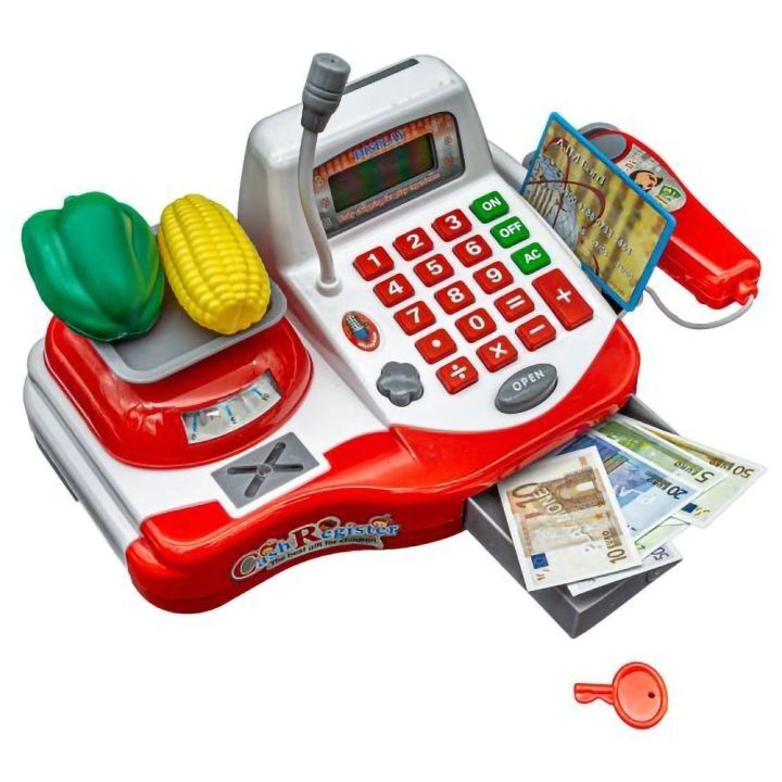 Kasa Sklepowa Biało-Czerwona dla dzieci Uniwersalna – Mikrofon, czytnik kodów, prawdziwa waga | Nauka zakupów przez zabawę