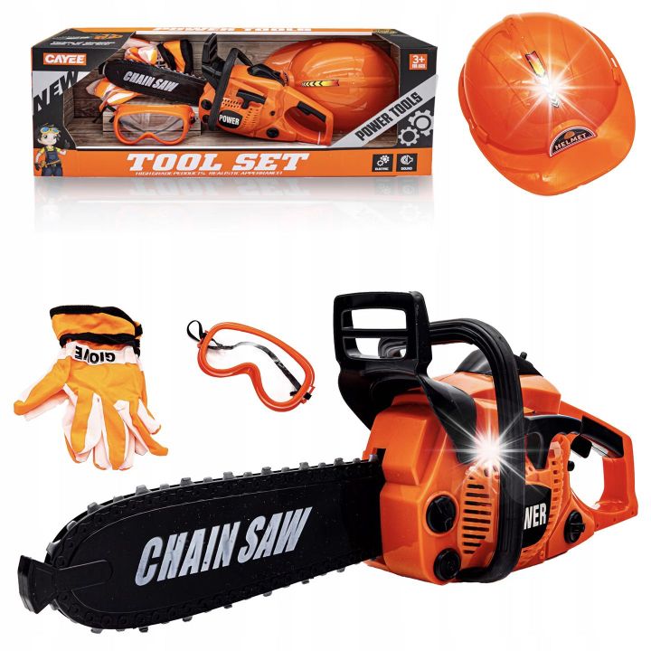 Piła Łańcuchowa z Wyposażeniem dla Dzieci – Ochronny Kask, okulary i rękawice BHP | Kompletny ekwipunek małego drwala