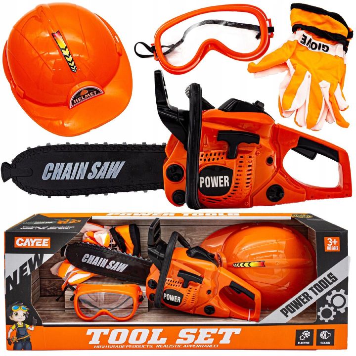 Piła Łańcuchowa z Wyposażeniem dla Dzieci – Ochronny Kask, okulary i rękawice BHP | Kompletny ekwipunek małego drwala