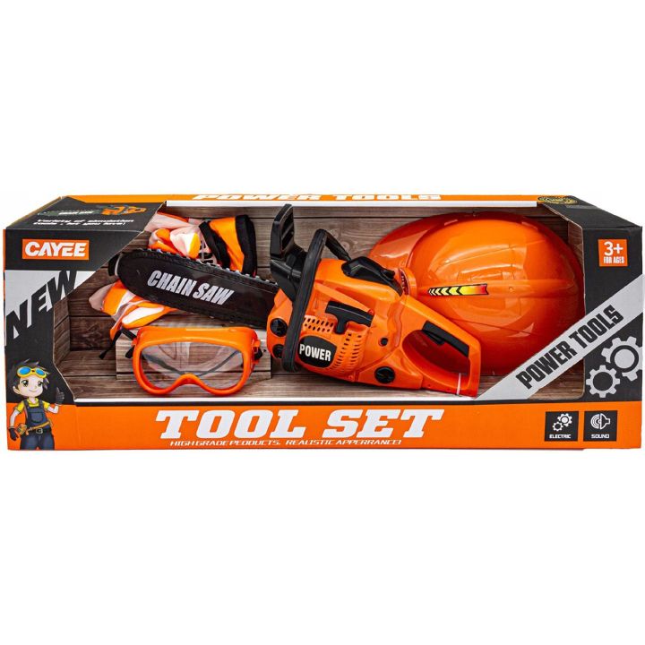 Piła Łańcuchowa z Wyposażeniem dla Dzieci – Ochronny Kask, okulary i rękawice BHP | Kompletny ekwipunek małego drwala