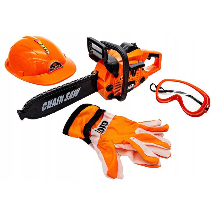 Piła Łańcuchowa z Wyposażeniem dla Dzieci – Ochronny Kask, okulary i rękawice BHP | Kompletny ekwipunek małego drwala
