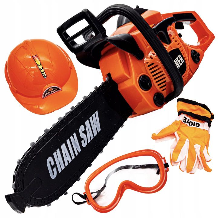 Piła Łańcuchowa z Wyposażeniem dla Dzieci – Ochronny Kask, okulary i rękawice BHP | Kompletny ekwipunek małego drwala