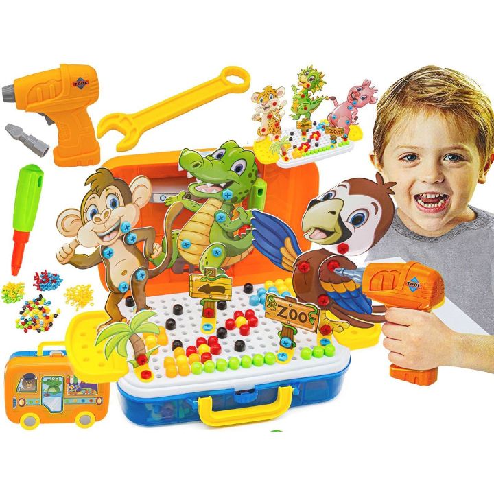 Mozaika Konstrukcyjna Zoo 251 Elementów – Wkrętarka i walizka podróżna | Zbuduj swoich ulubionych przyjaciół ze zwierzyńca