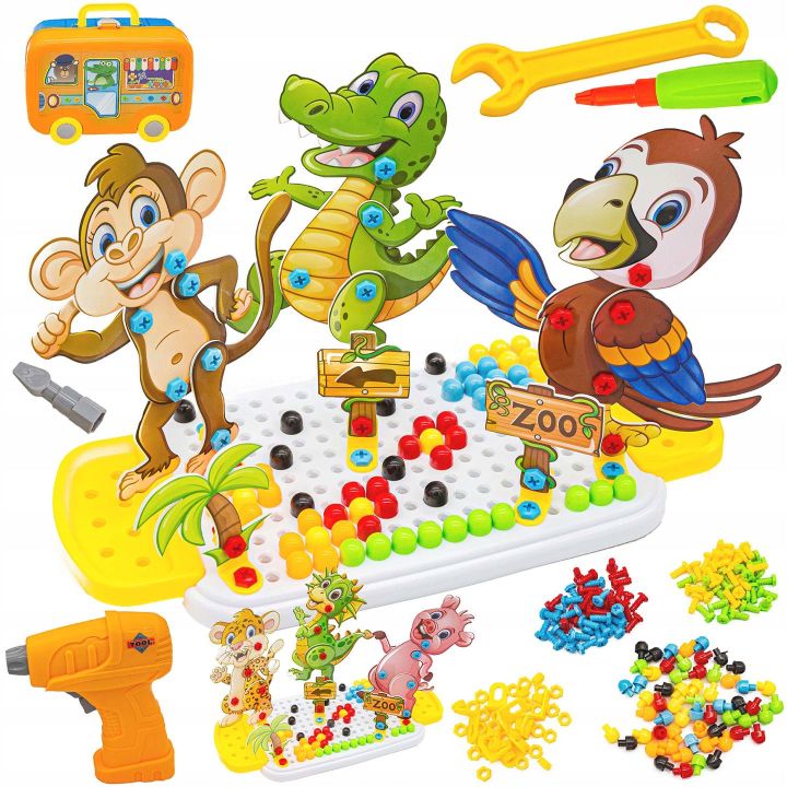 Mozaika Konstrukcyjna Zoo 251 Elementów – Wkrętarka i walizka podróżna | Zbuduj swoich ulubionych przyjaciół ze zwierzyńca