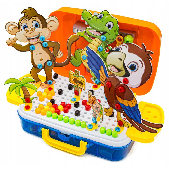 Mozaika Konstrukcyjna Zoo 251 Elementów – Wkrętarka i walizka podróżna | Zbuduj swoich ulubionych przyjaciół ze zwierzyńca