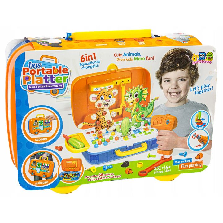 Mozaika Konstrukcyjna Zoo 251 Elementów – Wkrętarka i walizka podróżna | Zbuduj swoich ulubionych przyjaciół ze zwierzyńca