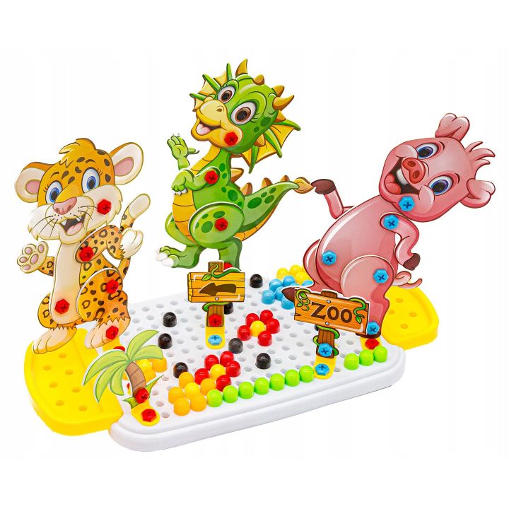 Mozaika Konstrukcyjna Zoo 251 Elementów – Wkrętarka i walizka podróżna | Zbuduj swoich ulubionych przyjaciół ze zwierzyńca