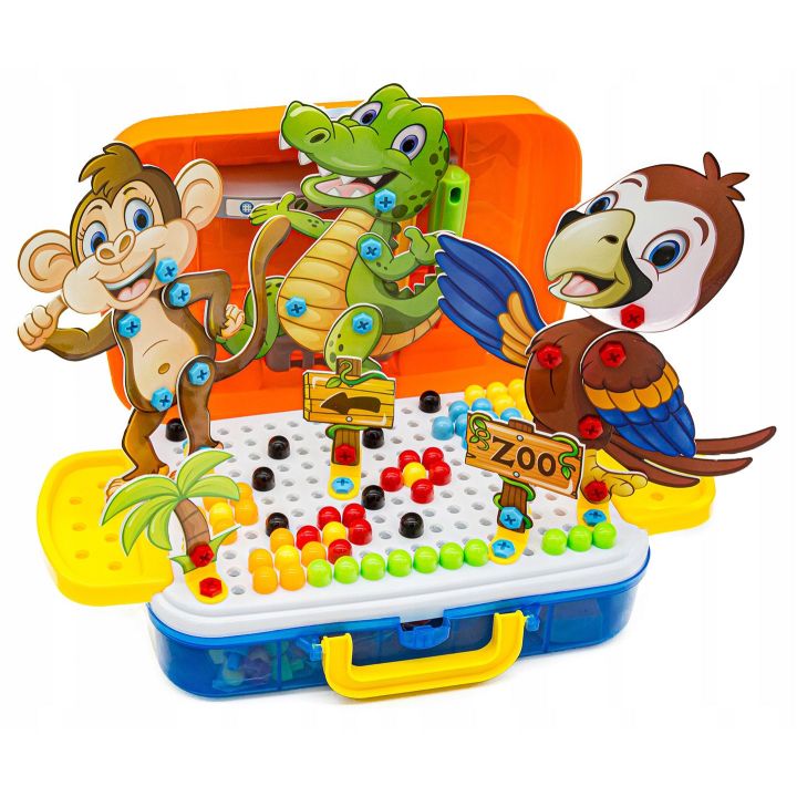 Mozaika Konstrukcyjna Zoo 251 Elementów – Wkrętarka i walizka podróżna | Zbuduj swoich ulubionych przyjaciół ze zwierzyńca