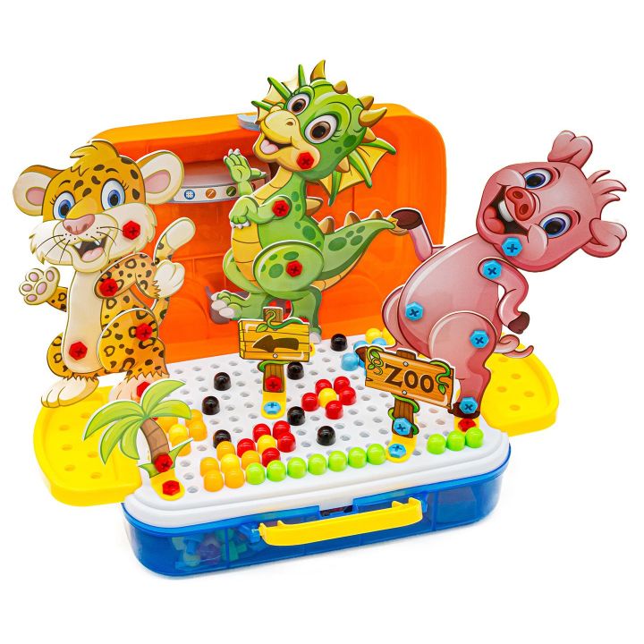 Mozaika Konstrukcyjna Zoo 251 Elementów – Wkrętarka i walizka podróżna | Zbuduj swoich ulubionych przyjaciół ze zwierzyńca