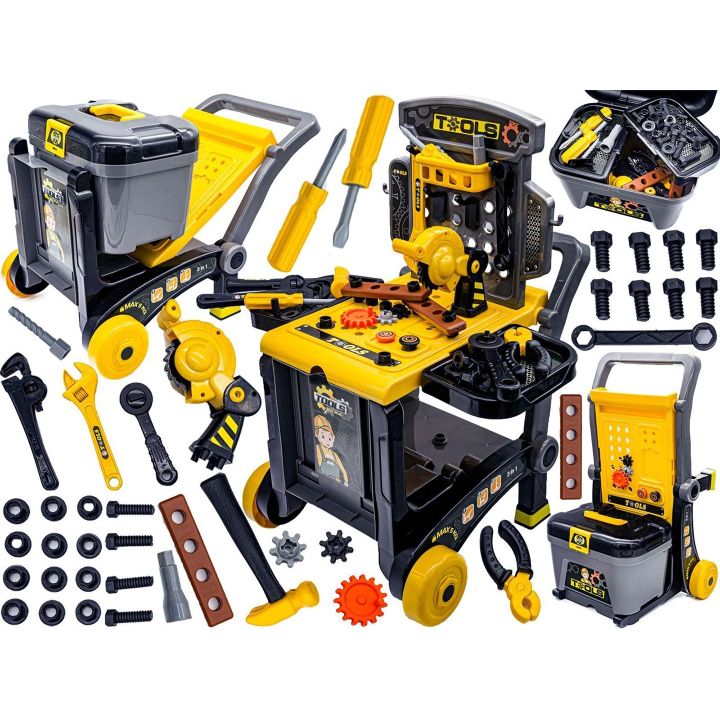 Warsztat Stolarski 3w1 dla Dzieci – Skrzynka, Wózek i Stolik | Kompletny Zestaw Narzędzi Majsterkowicza
