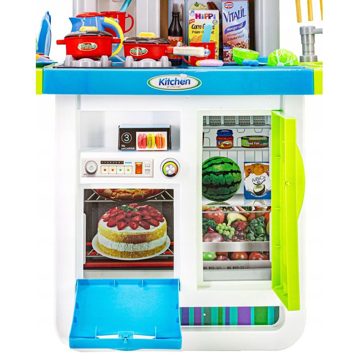 Rozbudowana Kuchnia Niebieska dla Dzieci – Świecąca płyta, lodówka, dźwięk i panel dotykowy | Nowoczesna kuchnia przyszłości