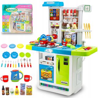 Rozbudowana Kuchnia Niebieska dla Dzieci – Świecąca płyta, lodówka, dźwięk i panel dotykowy | Nowoczesna kuchnia przyszłości