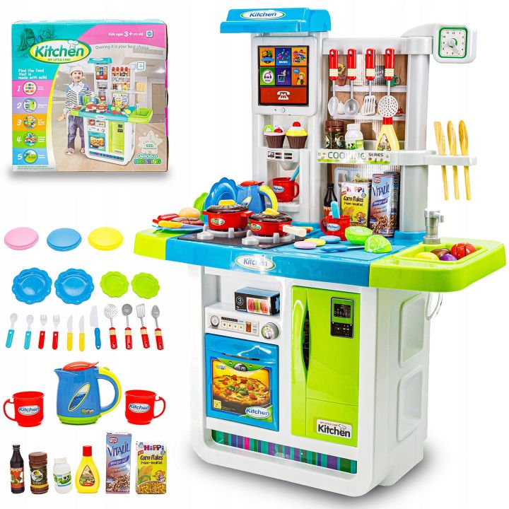 Rozbudowana Kuchnia Niebieska dla Dzieci – Świecąca płyta, lodówka, dźwięk i panel dotykowy | Nowoczesna kuchnia przyszłości