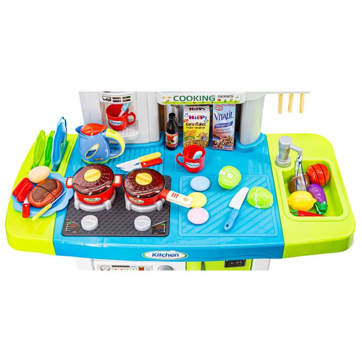 Rozbudowana Kuchnia Niebieska dla Dzieci – Świecąca płyta, lodówka, dźwięk i panel dotykowy | Nowoczesna kuchnia przyszłości
