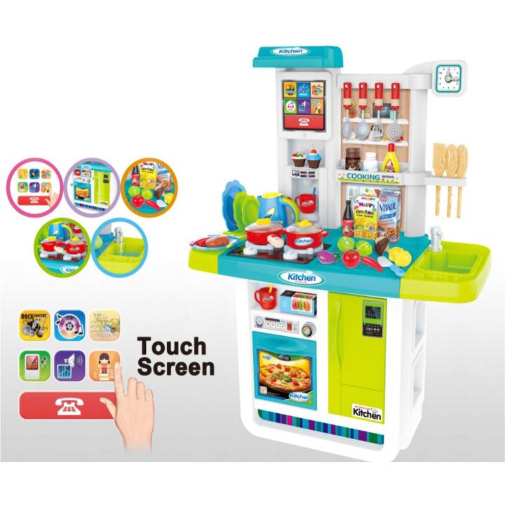 Rozbudowana Kuchnia Niebieska dla Dzieci – Świecąca płyta, lodówka, dźwięk i panel dotykowy | Nowoczesna kuchnia przyszłości