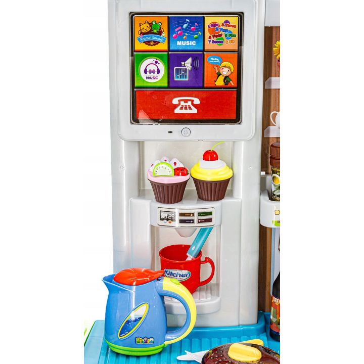 Rozbudowana Kuchnia Niebieska dla Dzieci – Świecąca płyta, lodówka, dźwięk i panel dotykowy | Nowoczesna kuchnia przyszłości