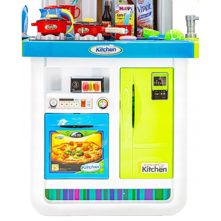 Rozbudowana Kuchnia Niebieska dla Dzieci – Świecąca płyta, lodówka, dźwięk i panel dotykowy | Nowoczesna kuchnia przyszłości