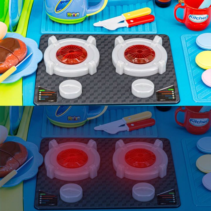 Rozbudowana Kuchnia Niebieska dla Dzieci – Świecąca płyta, lodówka, dźwięk i panel dotykowy | Nowoczesna kuchnia przyszłości