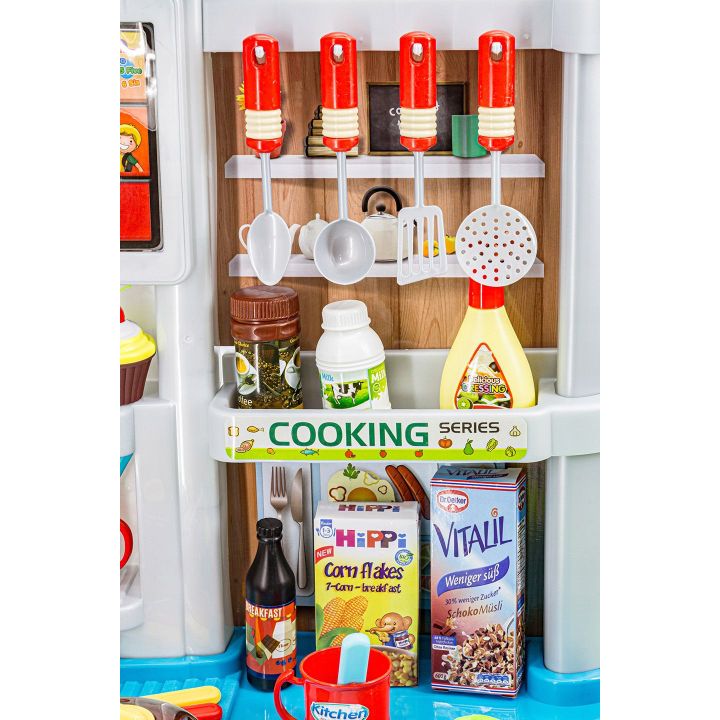 Rozbudowana Kuchnia Niebieska dla Dzieci – Świecąca płyta, lodówka, dźwięk i panel dotykowy | Nowoczesna kuchnia przyszłości