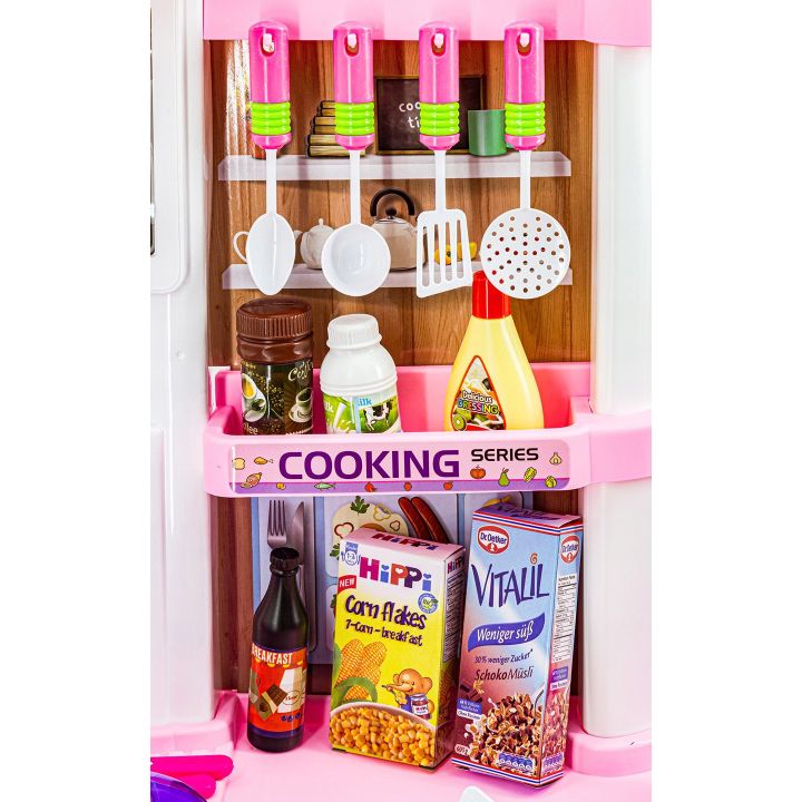 Rozbudowana Kuchnia Różowa dla Dzieci – Świecąca płyta, lodówka, dźwięk i panel dotykowy | Nowoczesna kuchnia marzeń