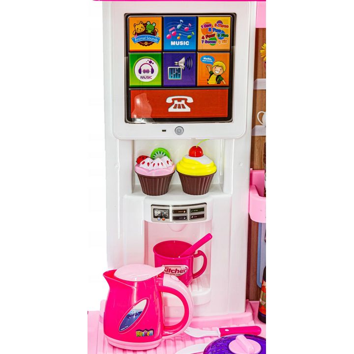 Rozbudowana Kuchnia Różowa dla Dzieci – Świecąca płyta, lodówka, dźwięk i panel dotykowy | Nowoczesna kuchnia marzeń