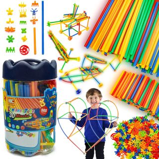 Słomki Konstrukcyjne Świecące 560 Elementów – 13 typów łączników i kółka we wiaderku | Nieograniczona wyobraźnia dziecka