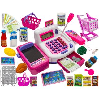 Kasa Sklepowa Biało-Różowa dla Dzieci Edukacyjna – Kalkulator, mikrofon i akcesoria | Zabawa w sklep pełna emocji