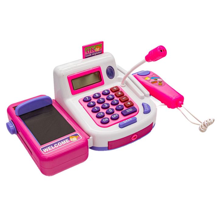 Kasa Sklepowa Biało-Różowa dla Dzieci Edukacyjna – Kalkulator, mikrofon i akcesoria | Zabawa w sklep pełna emocji