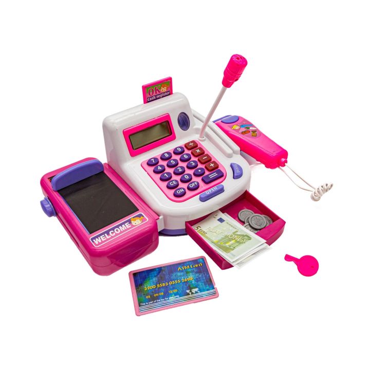 Kasa Sklepowa Biało-Różowa dla Dzieci Edukacyjna – Kalkulator, mikrofon i akcesoria | Zabawa w sklep pełna emocji