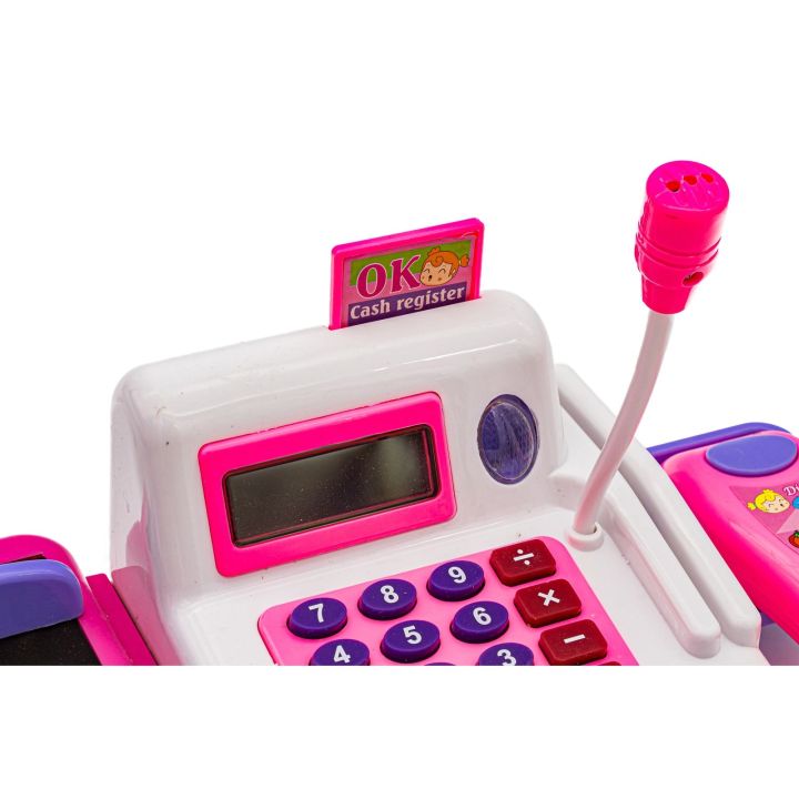 Kasa Sklepowa Biało-Różowa dla Dzieci Edukacyjna – Kalkulator, mikrofon i akcesoria | Zabawa w sklep pełna emocji