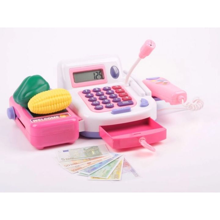 Kasa Sklepowa Biało-Różowa dla Dzieci Edukacyjna – Kalkulator, mikrofon i akcesoria | Zabawa w sklep pełna emocji