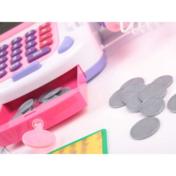 Kasa Sklepowa Biało-Różowa dla Dzieci Edukacyjna – Kalkulator, mikrofon i akcesoria | Zabawa w sklep pełna emocji