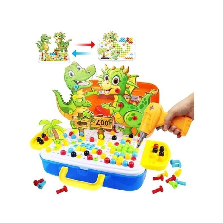Kreatywna Mozaika W Walizce 251el. Układanka, Klocki + Wkrętarka Dinozaury Zoo Zestaw Konstrukcyjny