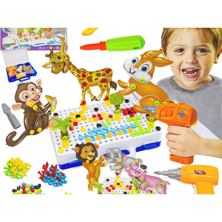 Kreatywna Mozaika ZOO W Walizce 198 el. Układanka 3D, Klocki, Wkrętarka Zestaw Konstrukcyjny