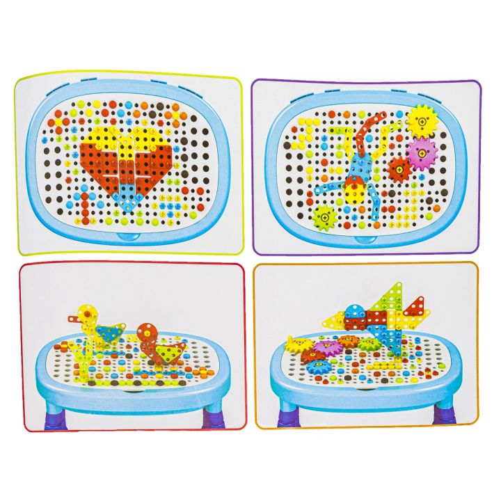 Multifunkcyjny Stolik + Narzędzia, Wkrętarka + Kreatywna Mozaika 355el. Zestaw Konstrukcyjny