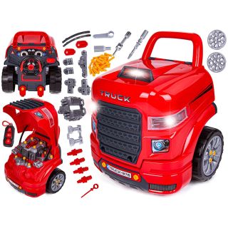 Zestaw Mechanika, Samochód Auto Silnik Do Rozkręcania, Warsztat 61 Elementów, Ciężarówka, Czerwony Truck
