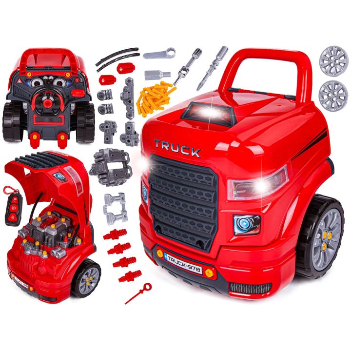 Zestaw Mechanika, Samochód Auto Silnik Do Rozkręcania, Warsztat 61 Elementów, Ciężarówka, Czerwony Truck