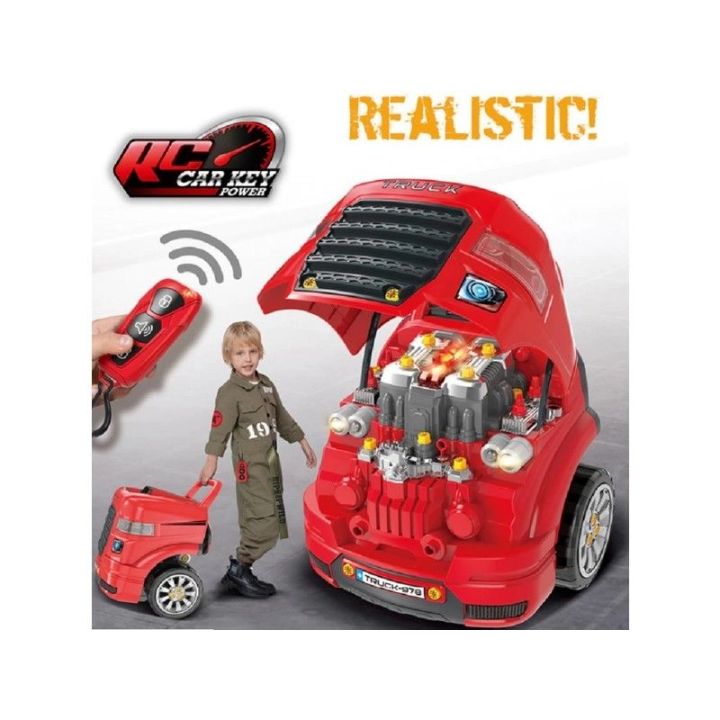 Zestaw Mechanika, Samochód Auto Silnik Do Rozkręcania, Warsztat 61 Elementów, Ciężarówka, Czerwony Truck