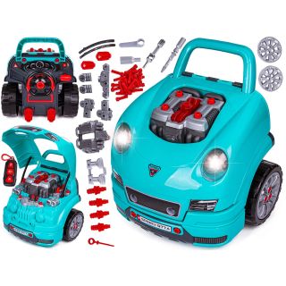 Zestaw Mechanika, Samochód Auto Silnik Do Rozkręcania, Warsztat 61 Elementów, Niebieski Porsche