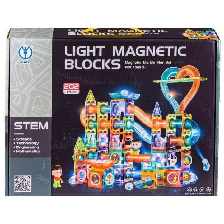 Świecące Klocki Magnetyczne, Tor Kulkowy Dla Kulek 202 Elementy Kulodrom