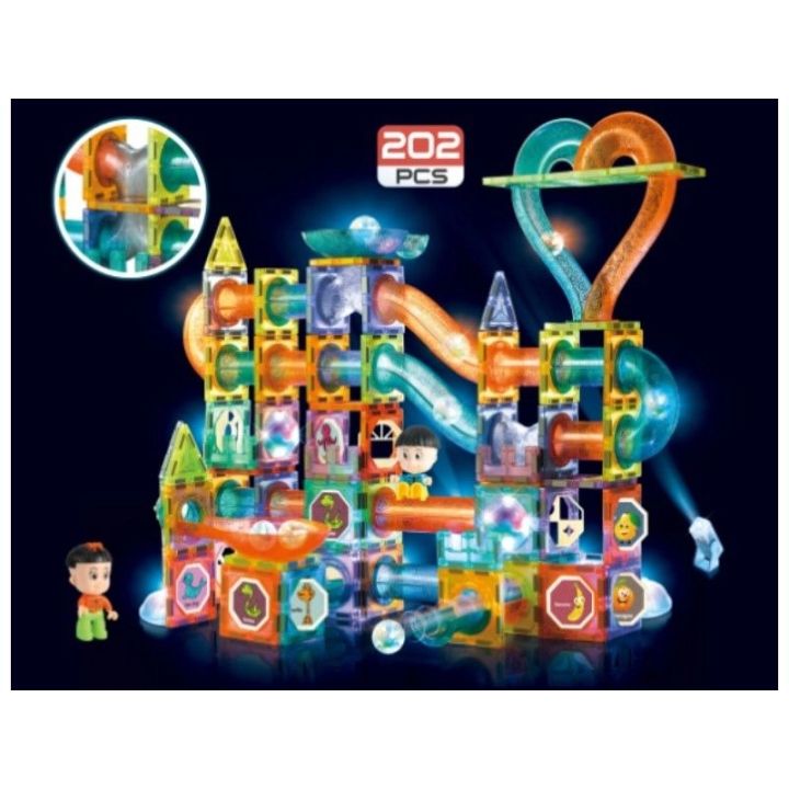 Świecące Klocki Magnetyczne, Tor Kulkowy Dla Kulek 202 Elementy Kulodrom