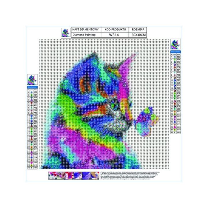 Haft Diamentowy, Obraz, Mozaika Diamentowa Diamond Painting, KOT Z MOTYLKIEM 30x30cm