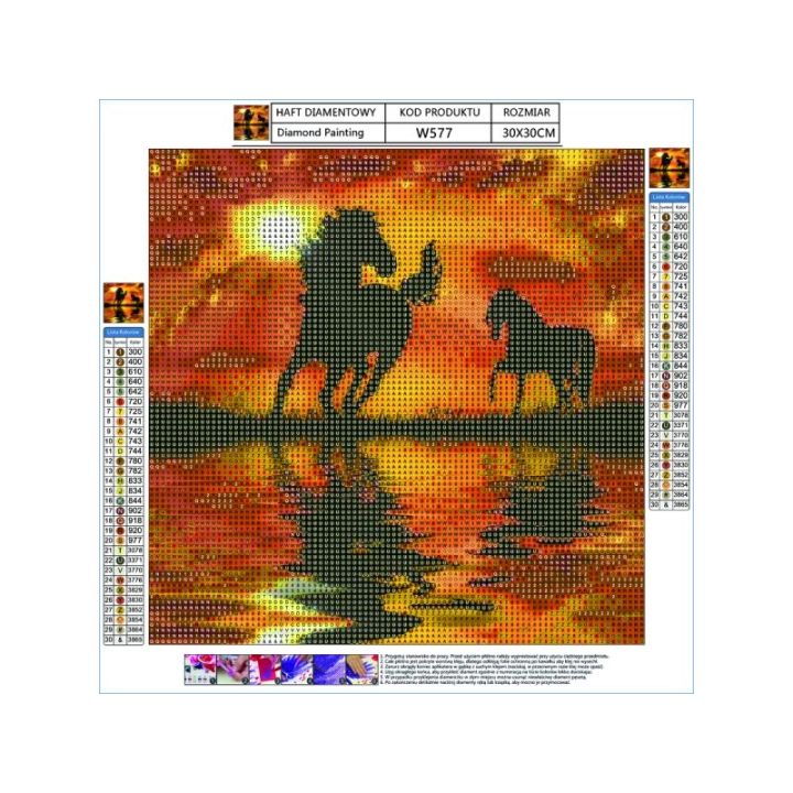 Haft Diamentowy, Obraz, Mozaika Diamentowa Diamond Painting, KONIE - ZACHÓD SŁOŃCA 30x30cm