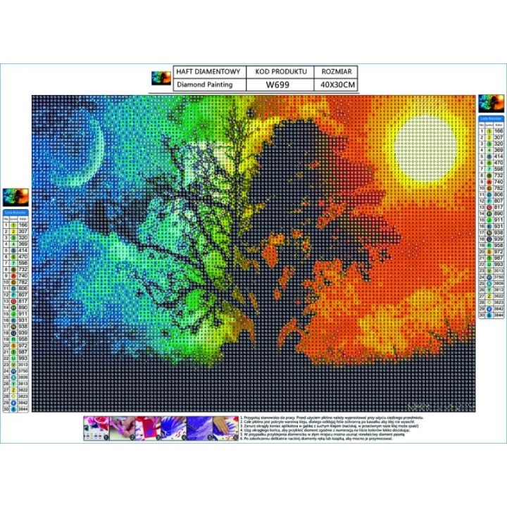 Haft Diamentowy, Obraz, Mozaika Diamentowa Diamond Painting, DRZEWO - NOC i DZIEŃ 40x30cm